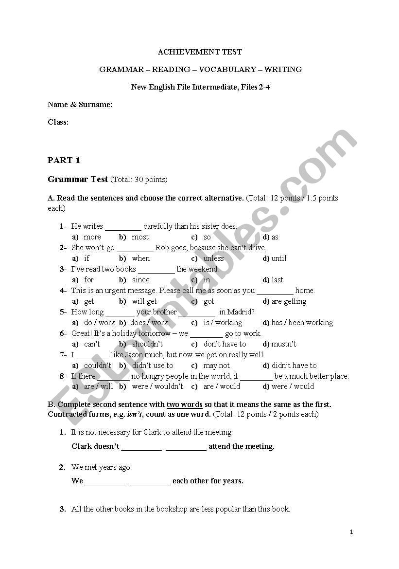 ACHIEVEMENT TEST New English File Intermediate, Files 2-4