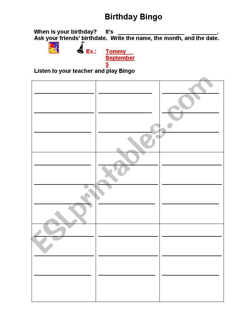 Birthday Bingo worksheet