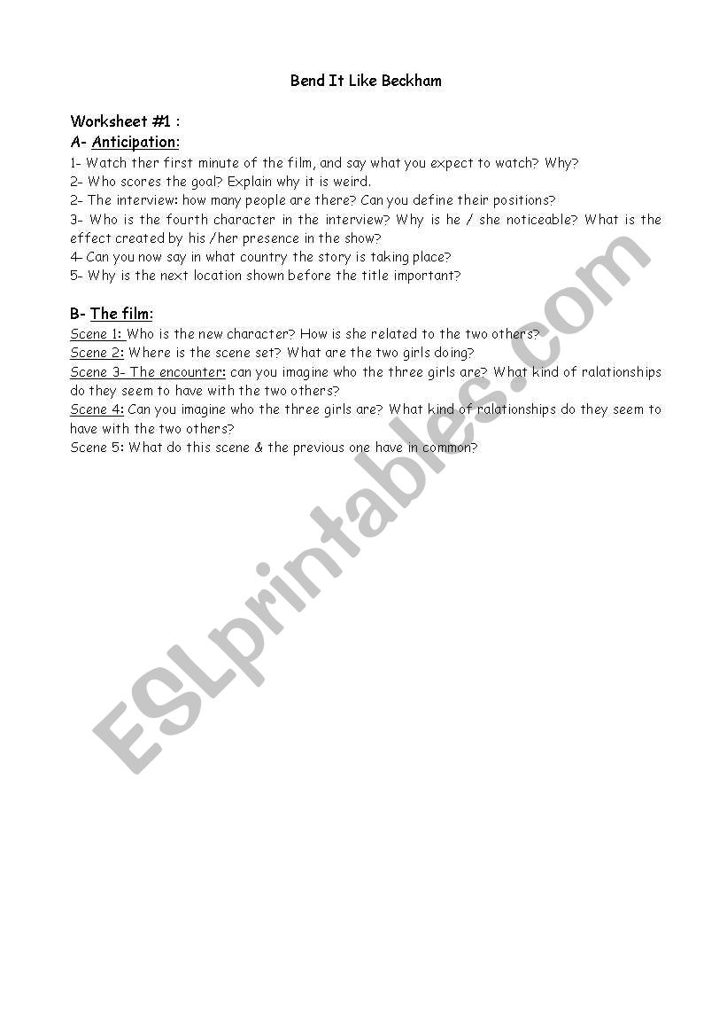 Bend It Like Beckham- Worksheet #1