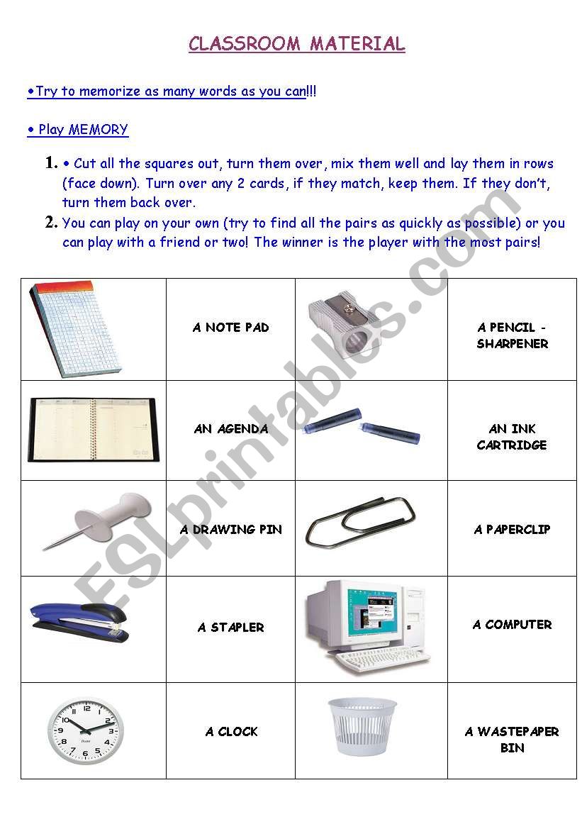 MEMORY game   CLASSROOM MATERIAL (Worksheet 1of 2)