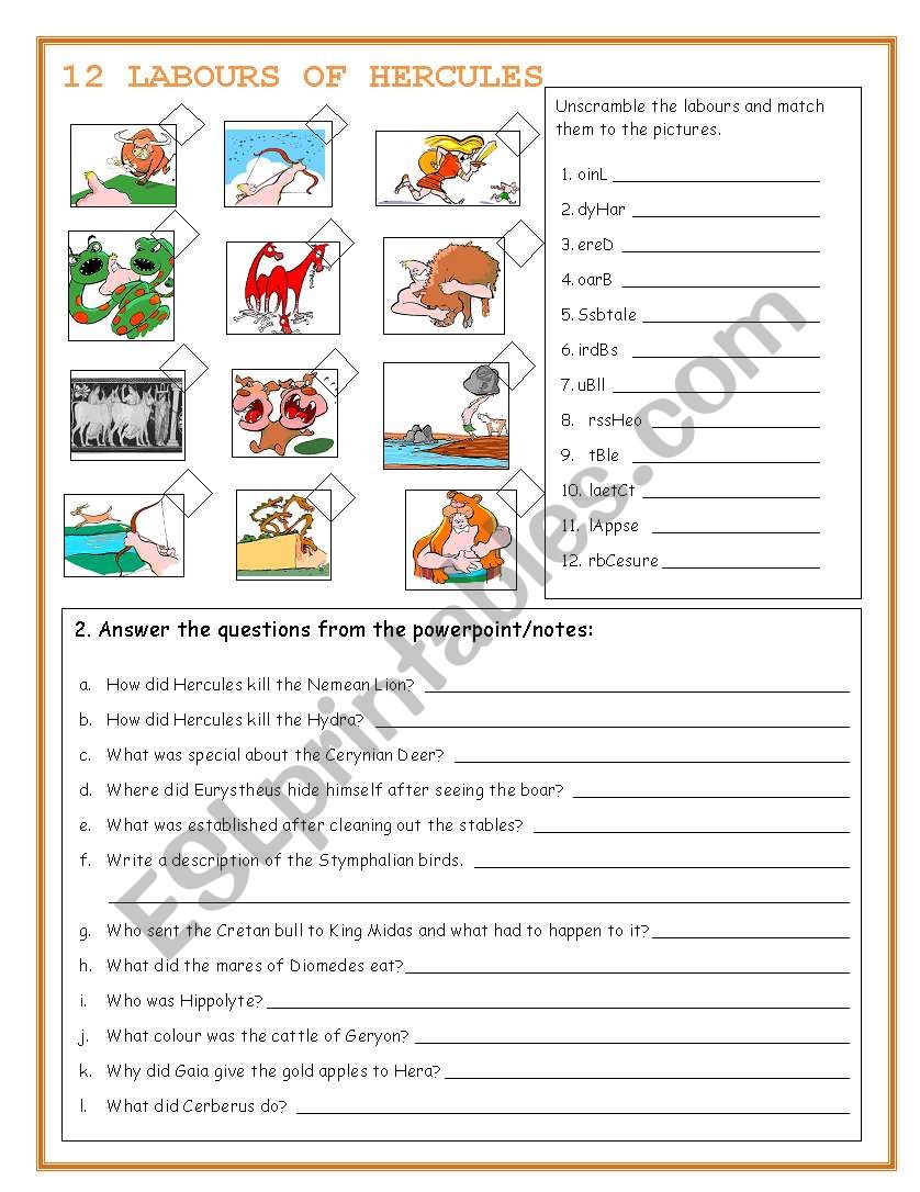 12 Labours of Hercules worksheet