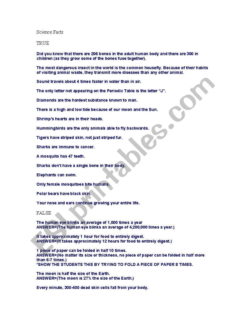 Science Facts for Quiz Show worksheet
