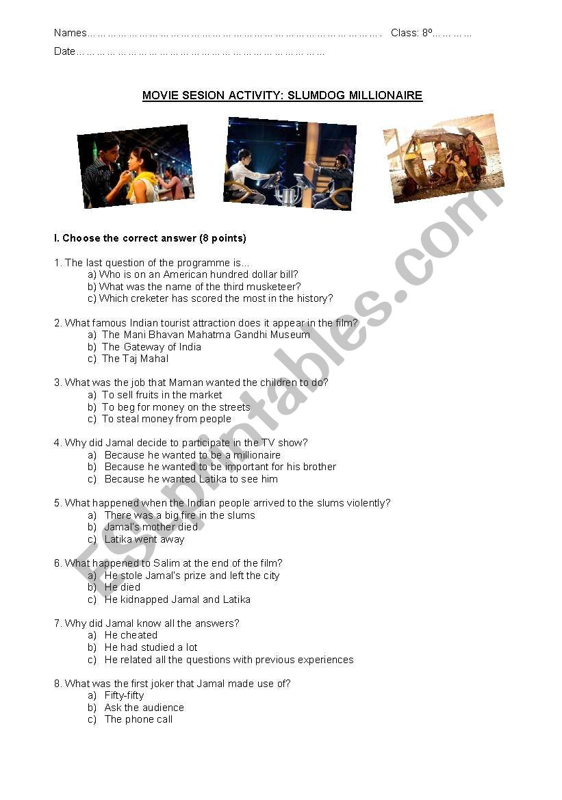 Slumdog Millionaire Activity worksheet