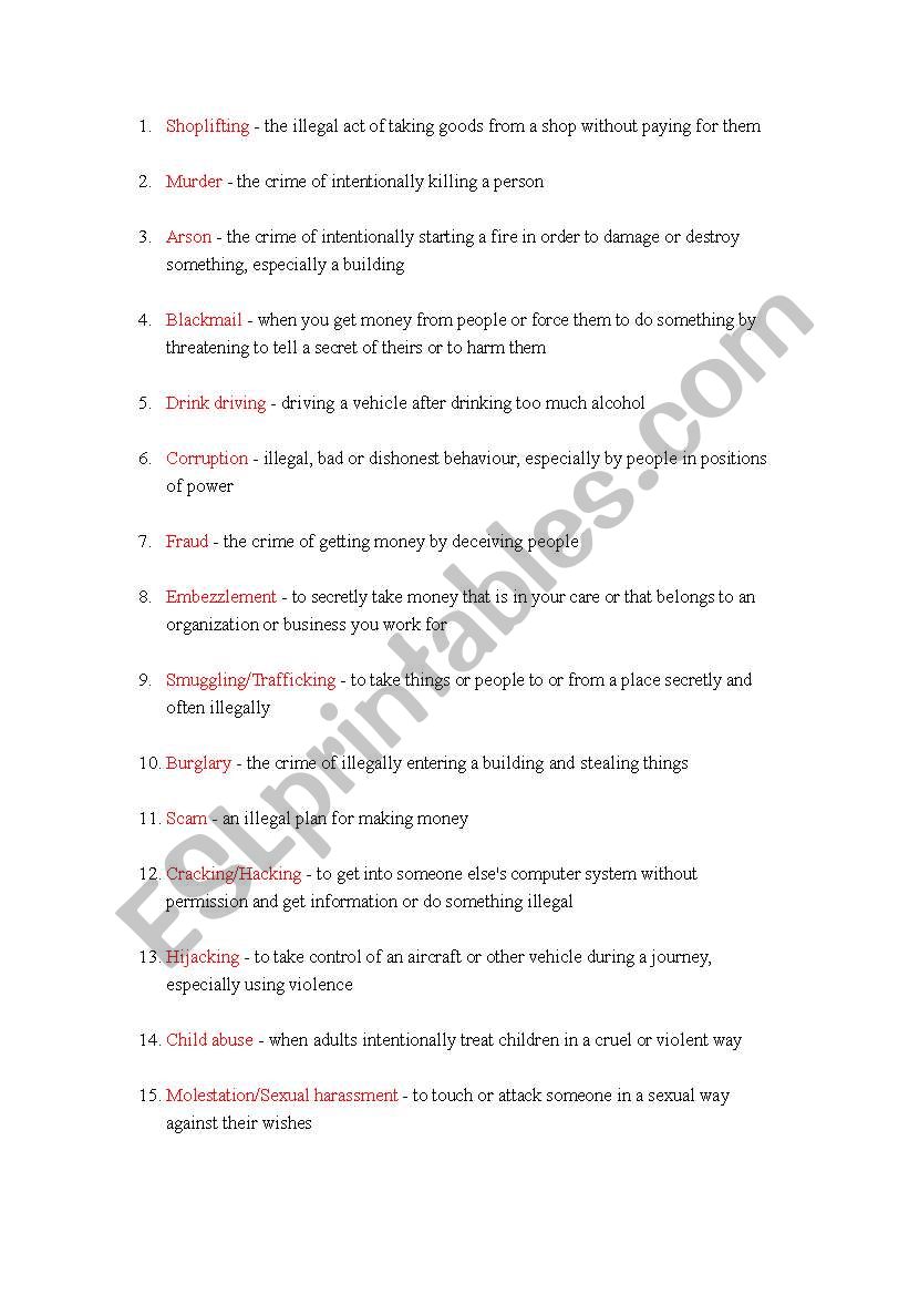 Definitions of crime worksheet