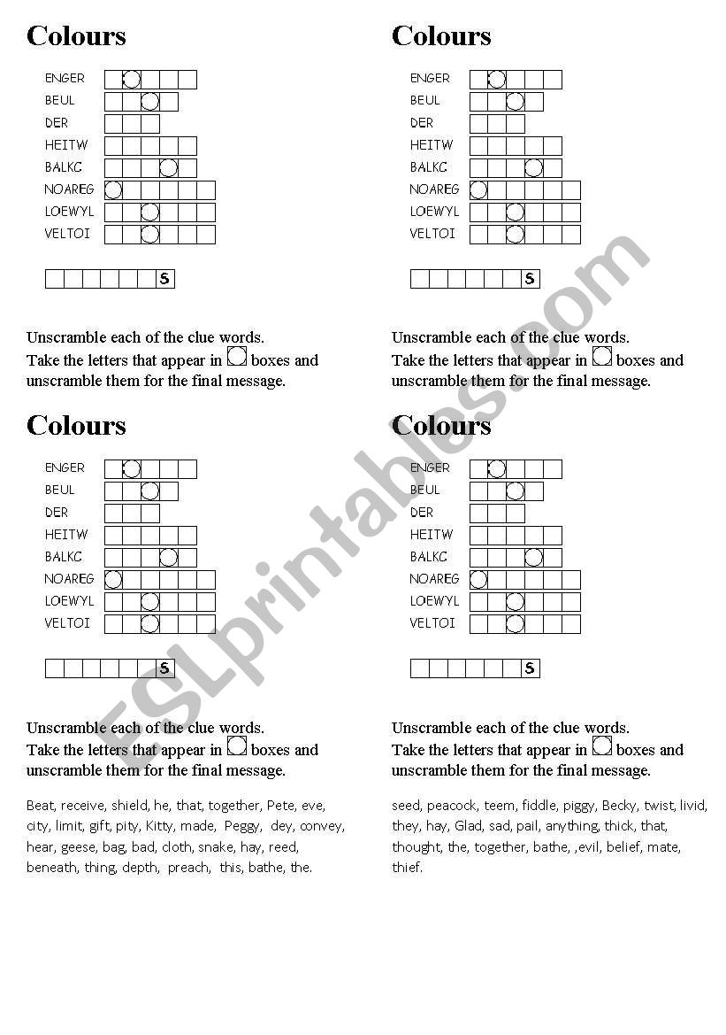 colours crossword worksheet