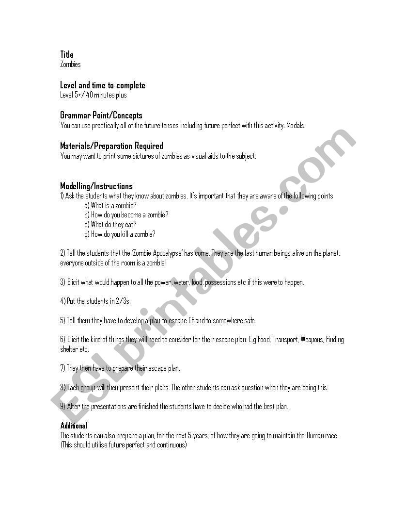 Zombies worksheet