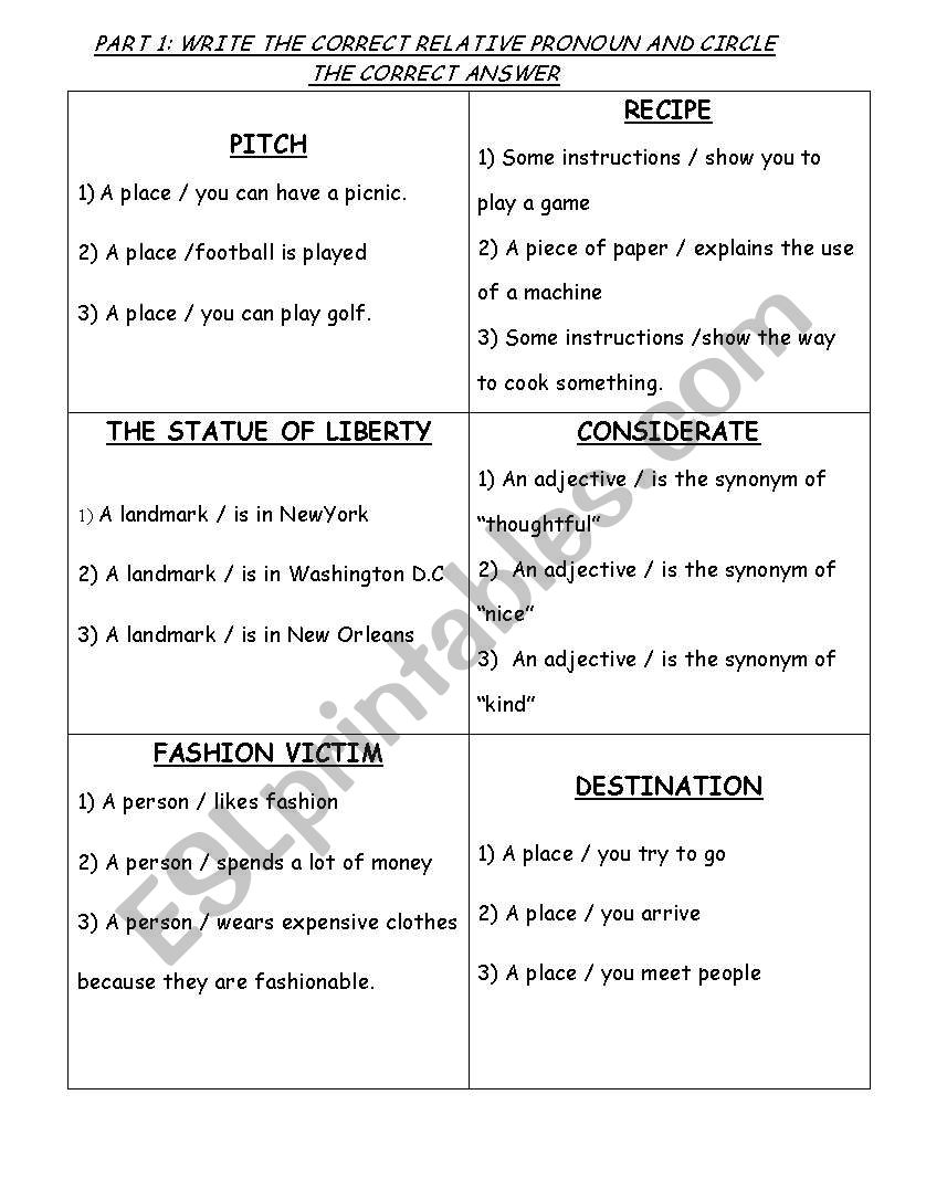 Relative Clause Vocabulary Game