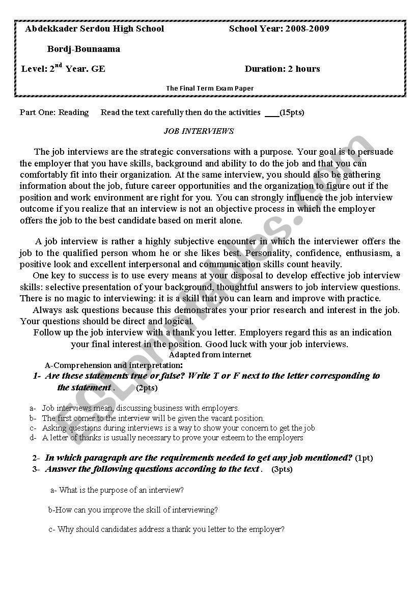 Scond uear high school worksheet