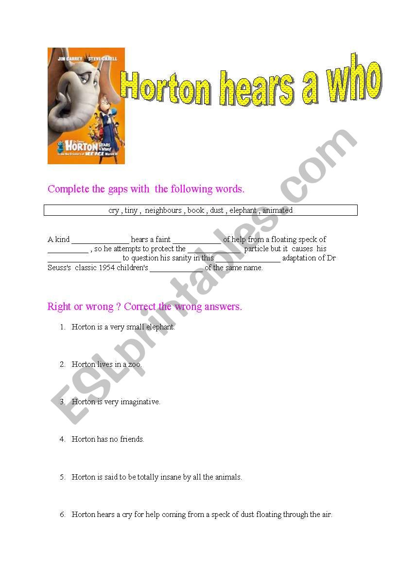 HORTON ANIMATED MOVIE worksheet