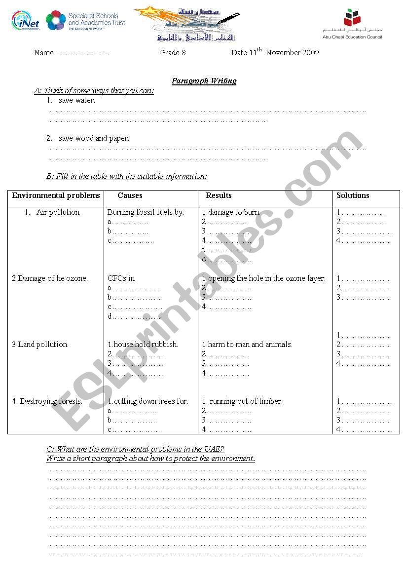 environment writing worksheet