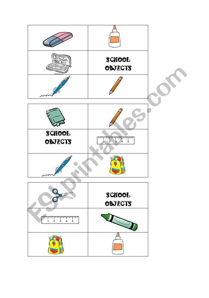 Classroom objects bingo worksheet