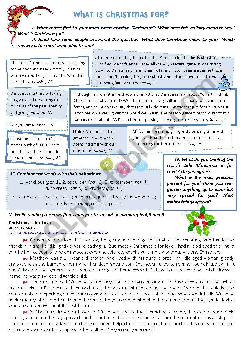 WHAT IS CHRISTMAS FOR? worksheet