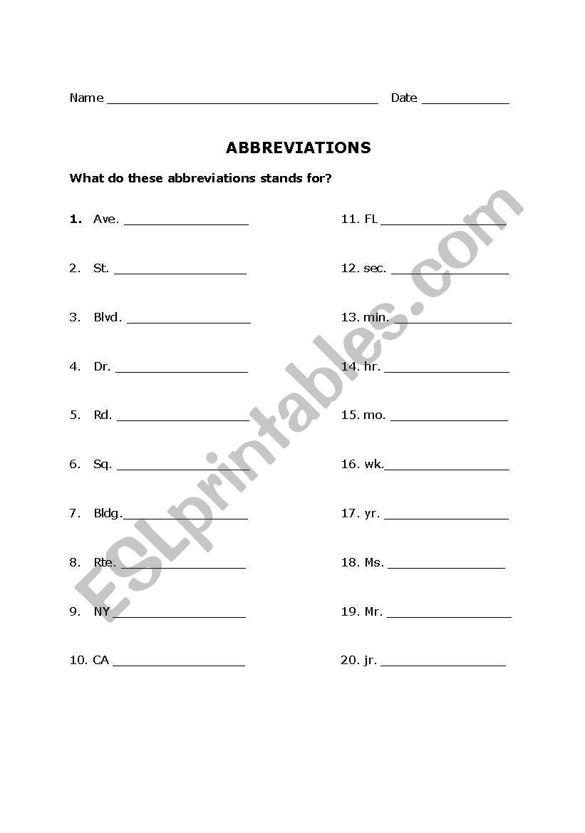 ABBREVIATIONS worksheet