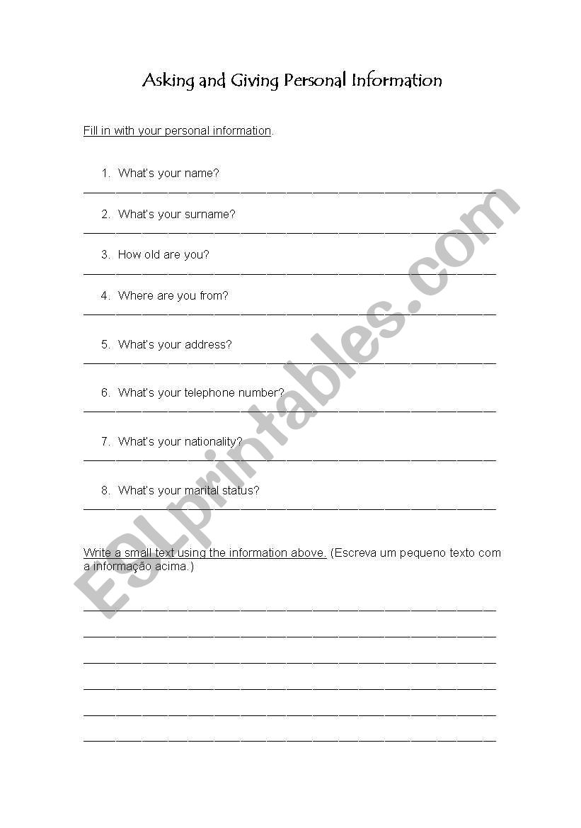 personal information worksheet