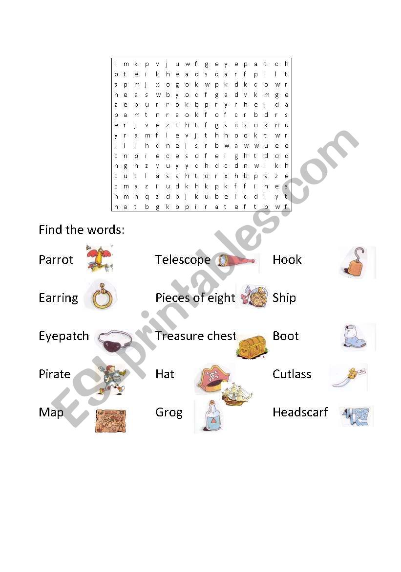 Pirate wordsearch worksheet