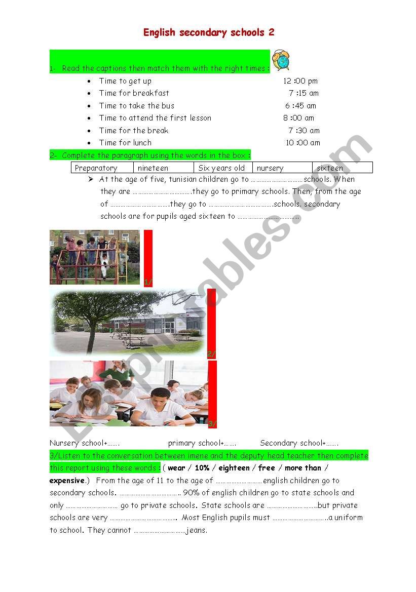 English Secondary Schools 2 worksheet