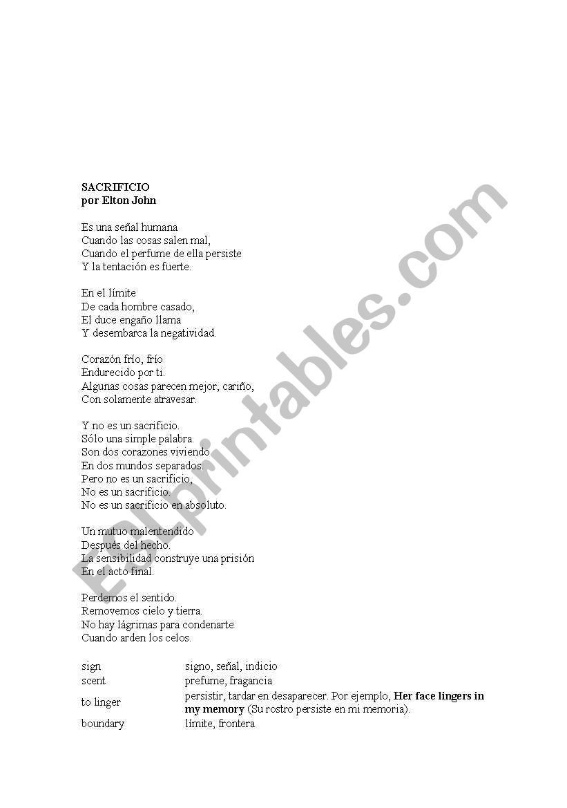 Sacrifice by Elton John - ESL worksheet by gcaMetro