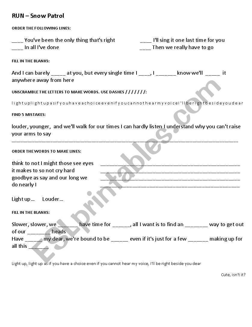 RUN - snow patrol worksheet