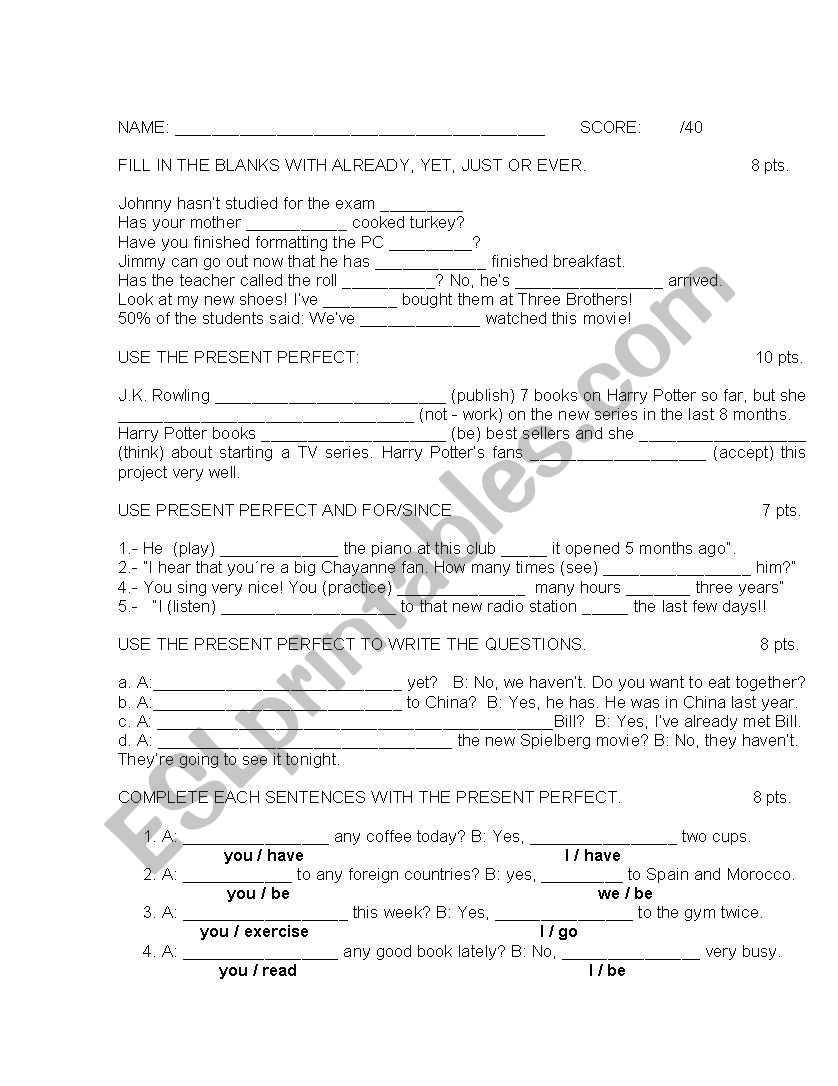 present perfect worksheet