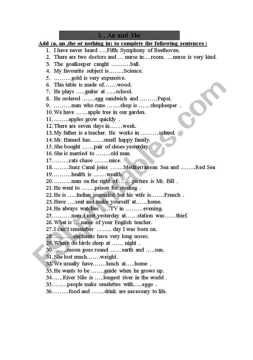 articles worksheet