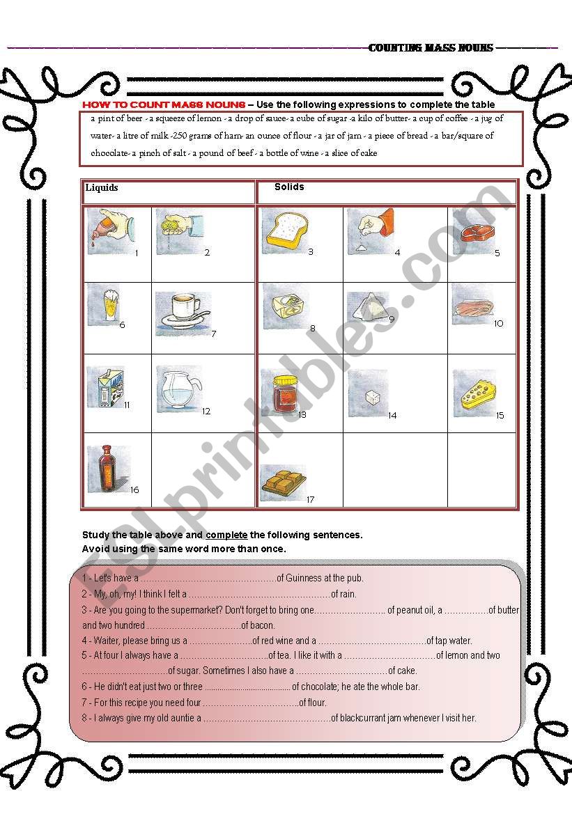 Quantities- MASS NOUNS worksheet