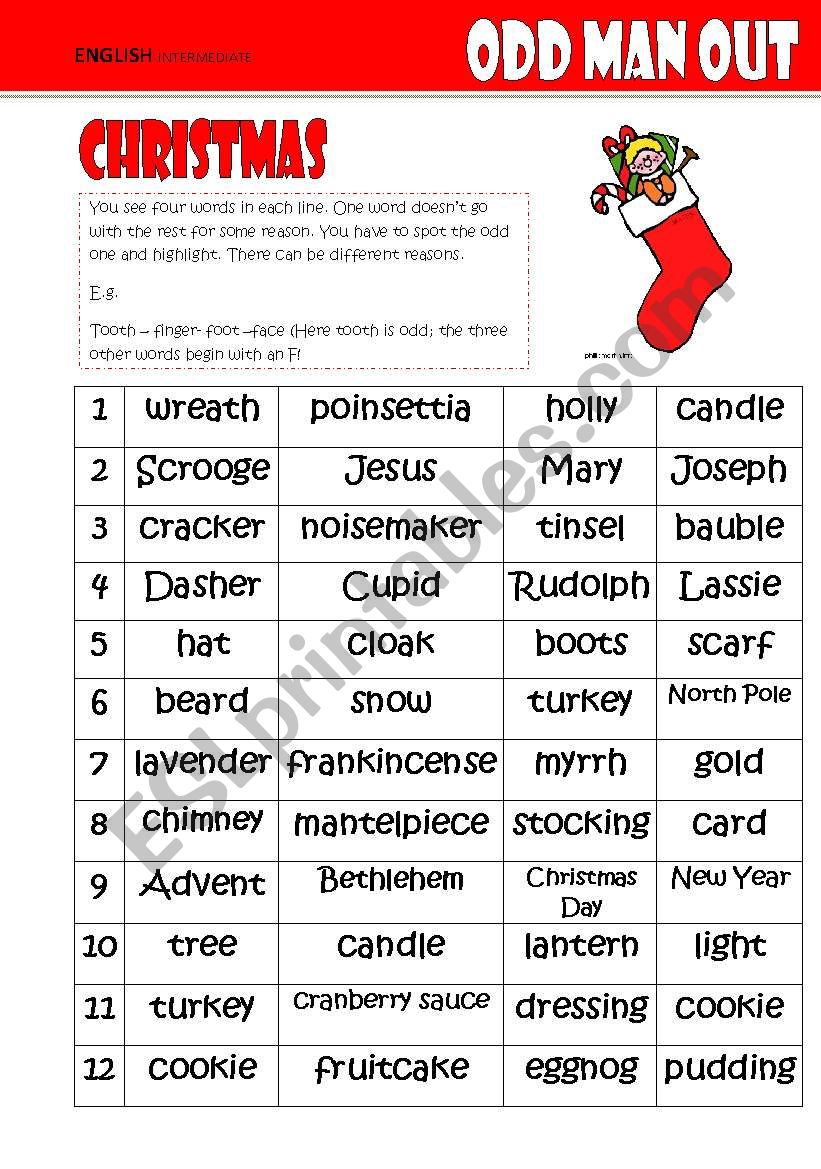 Odd One Out Christmas worksheet