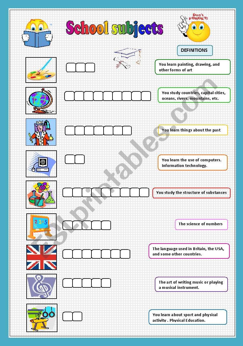 SCHOOL SUBJECTS exercise worksheet