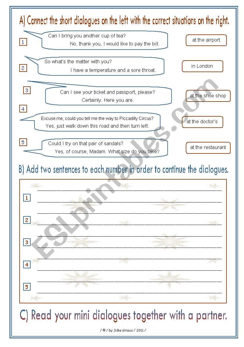 Help your students to increase their speaking skills!! â€¢ DIALOGUES IN DIFFERENT SITUATIONS â€¢ answer key included â€¢ completely editable â€¢ GOOD FOR ADULTS, TOO!