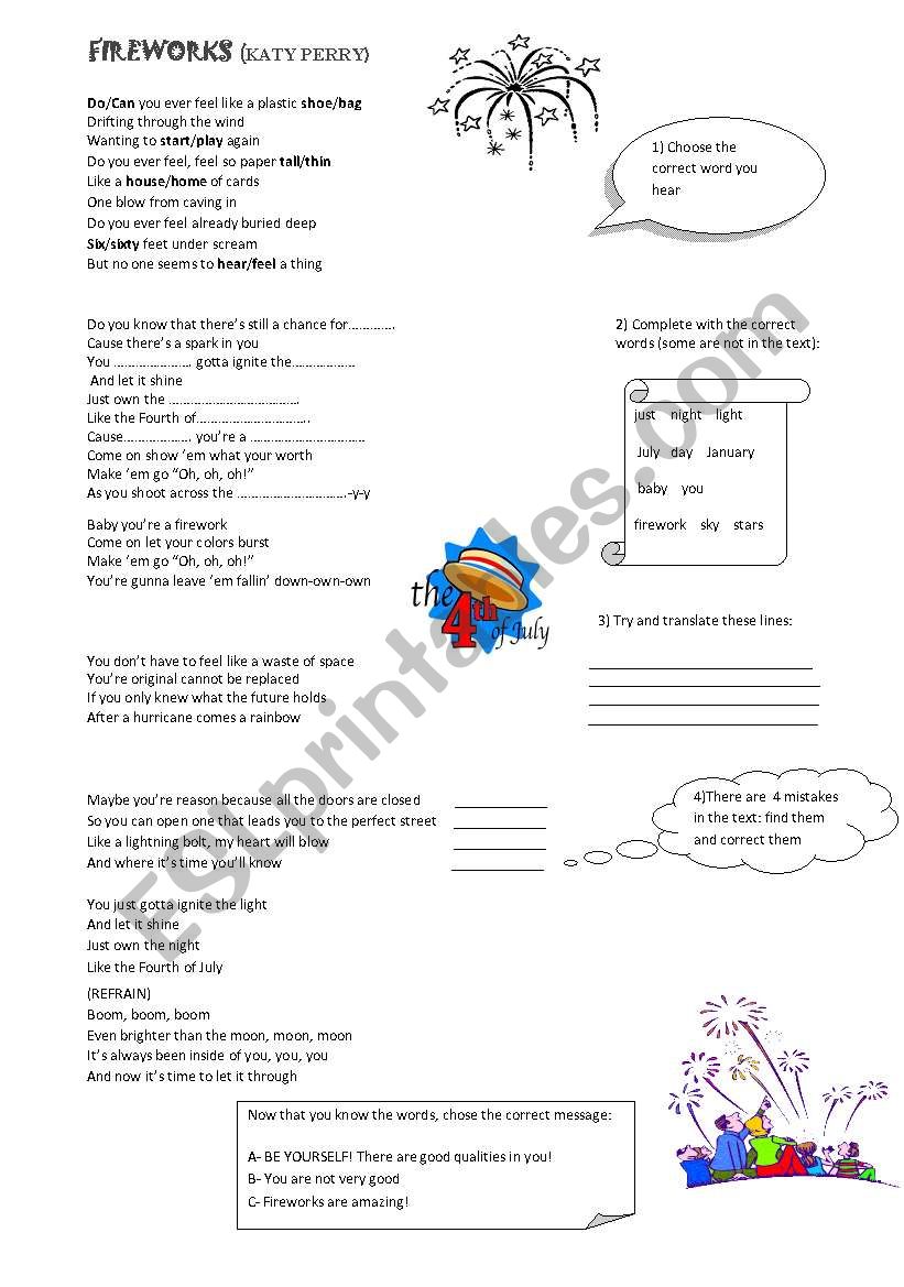 katy Perry FIREWORKS worksheet