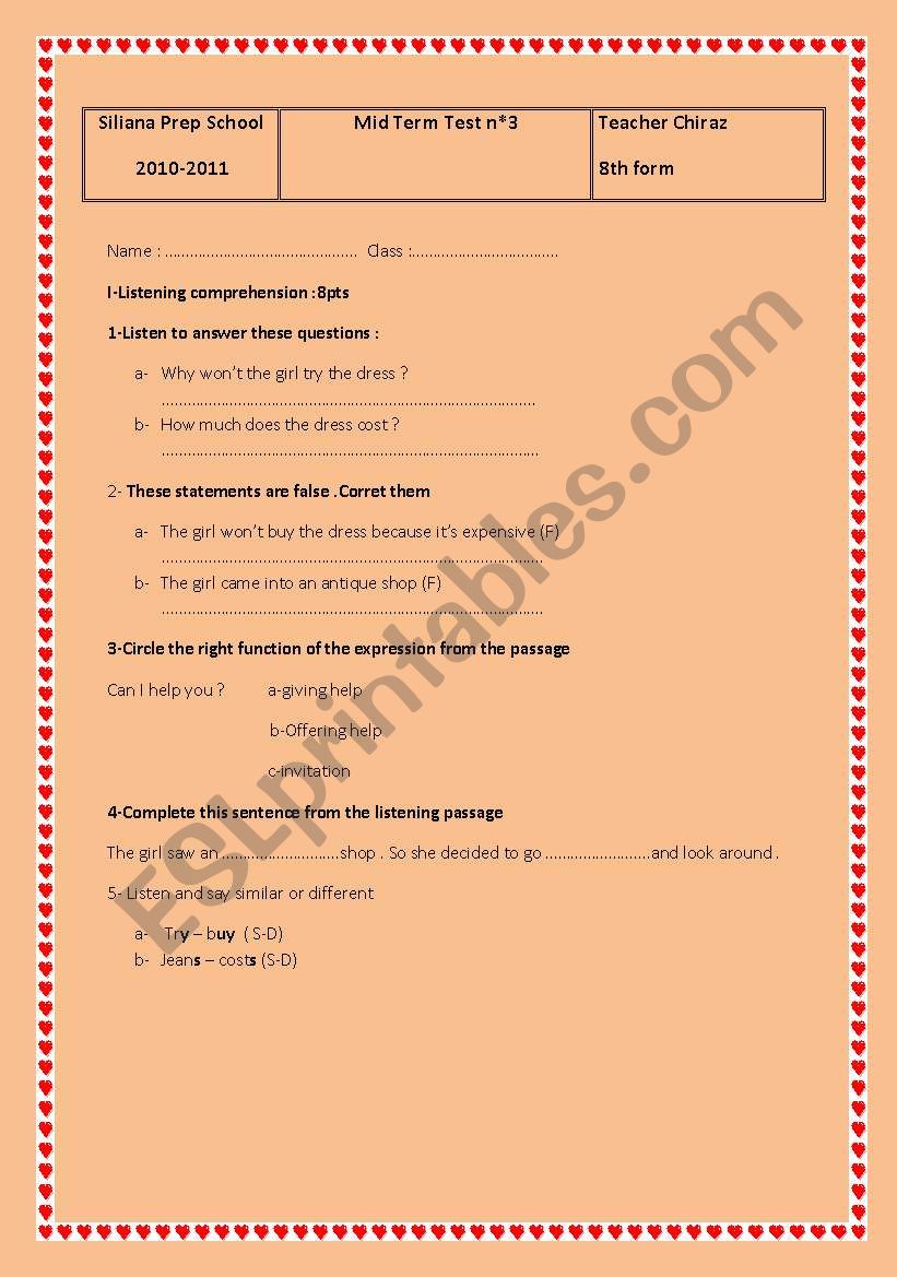 mid term test  worksheet