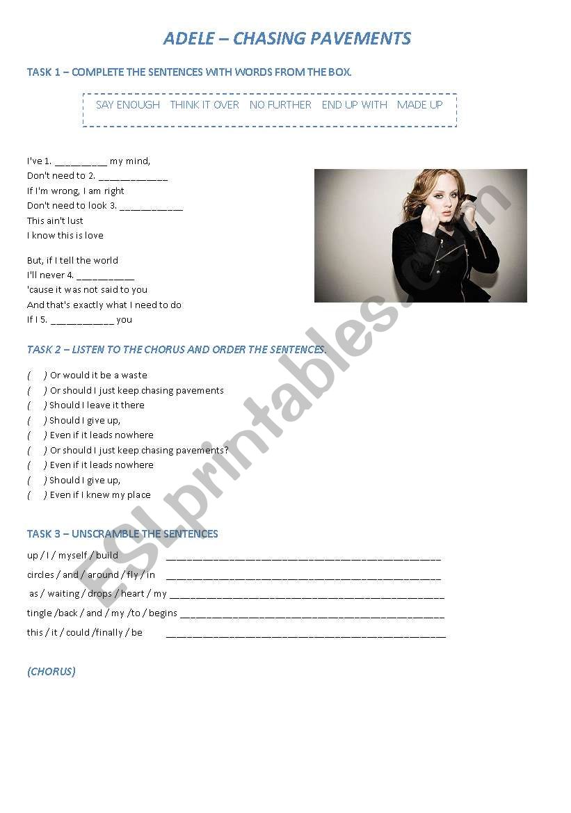 Chasing Pavements - Adele worksheet
