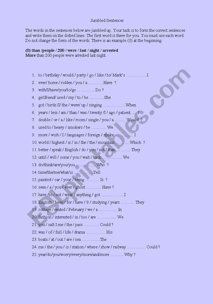 jumbled sentences part 4 esl worksheet by kissk0960