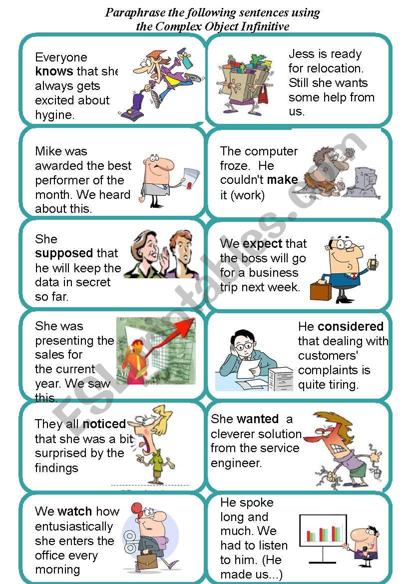 Activity cards for Complex Object Infinitive