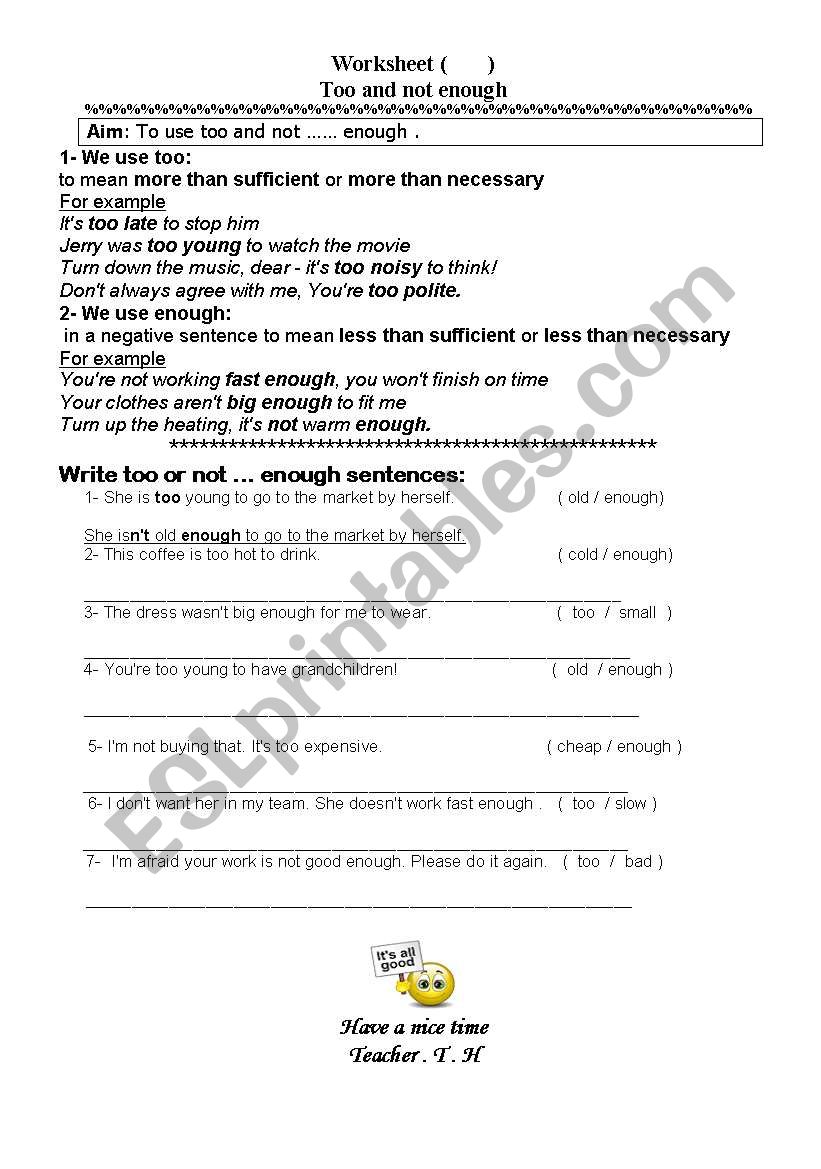 too and not enough worksheet