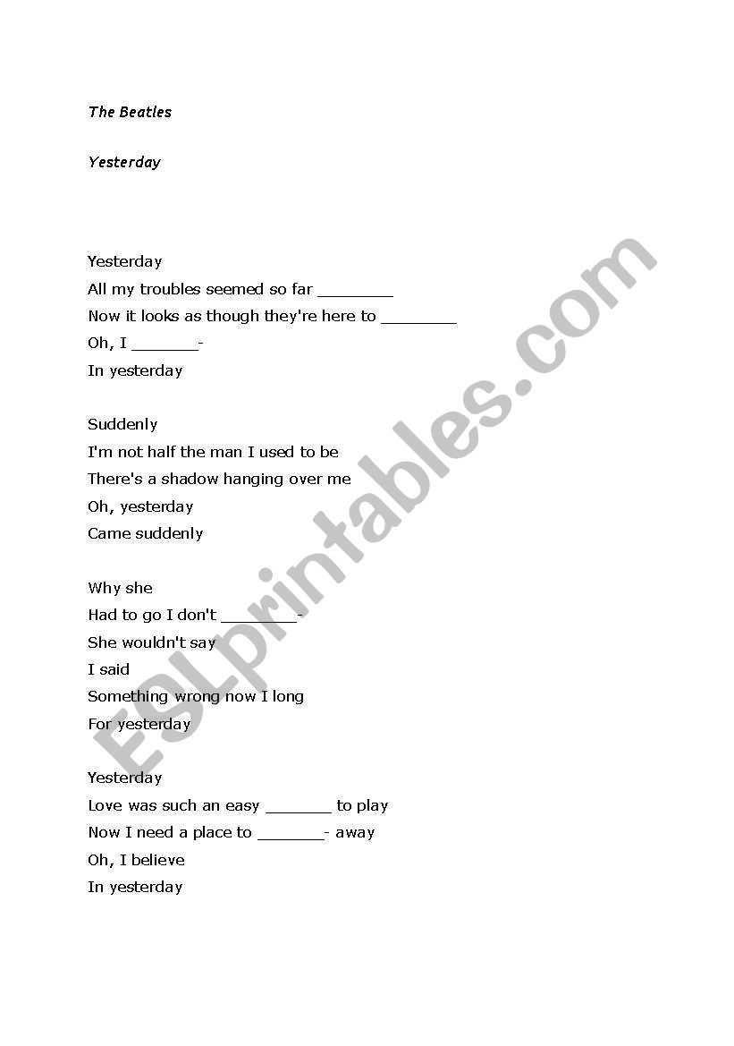 YESTERDAY SONG worksheet