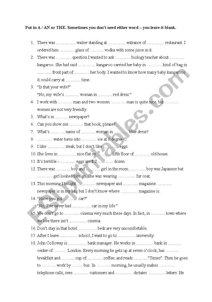 Articles worksheet