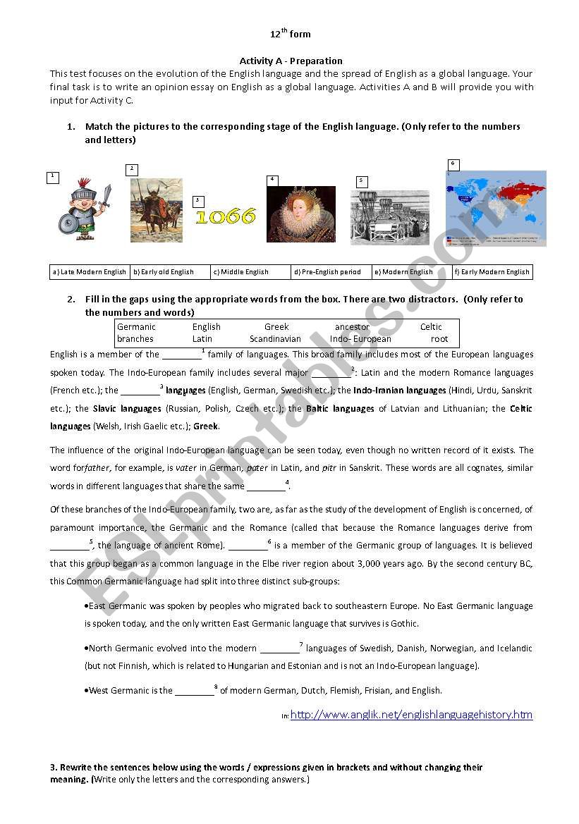 History Of English Worksheet