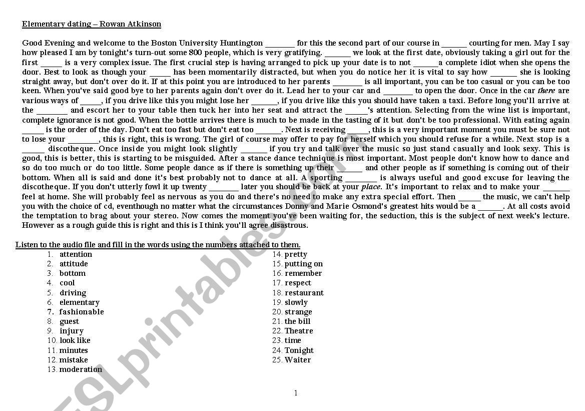 Elementary dating worksheet