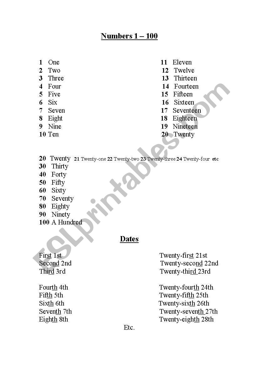 numbers 1-100 and dates worksheet