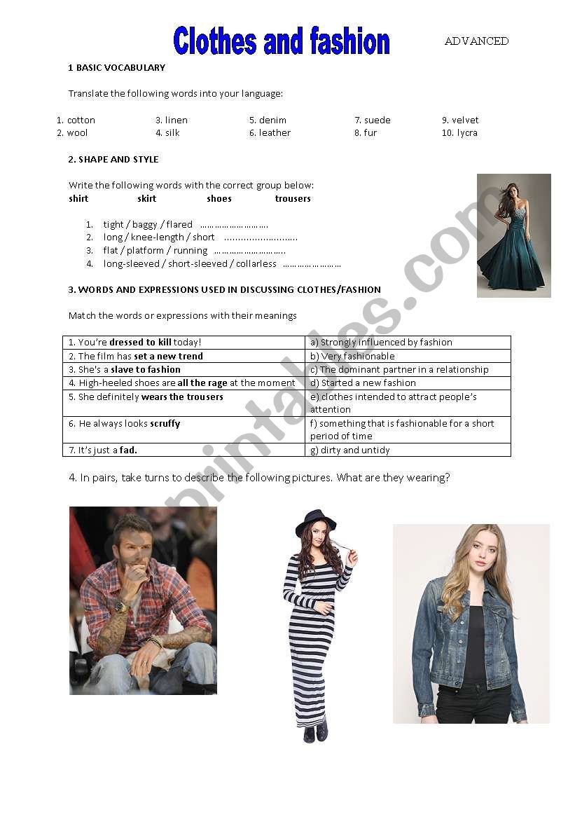 Clothes and fashion worksheet