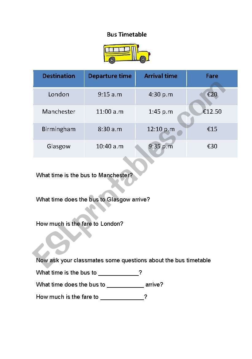 Bus Timetable worksheet