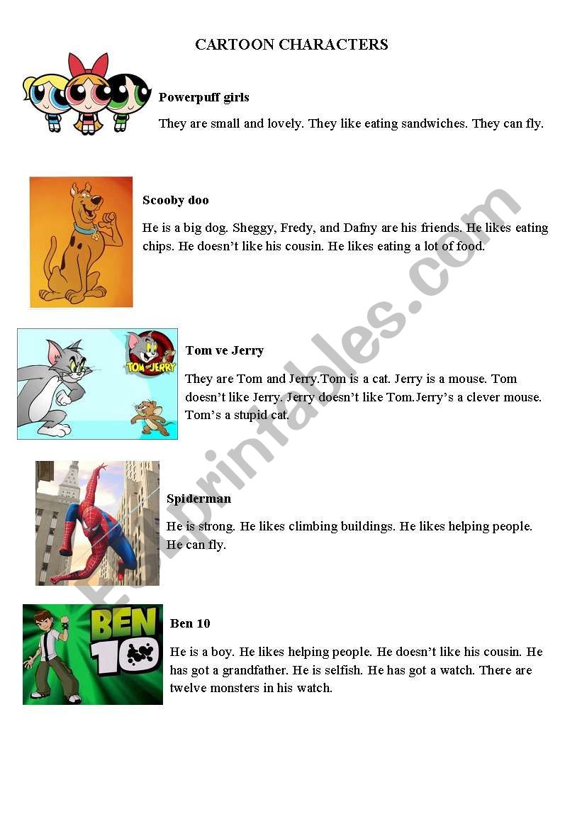 cartoon characters passage worksheet