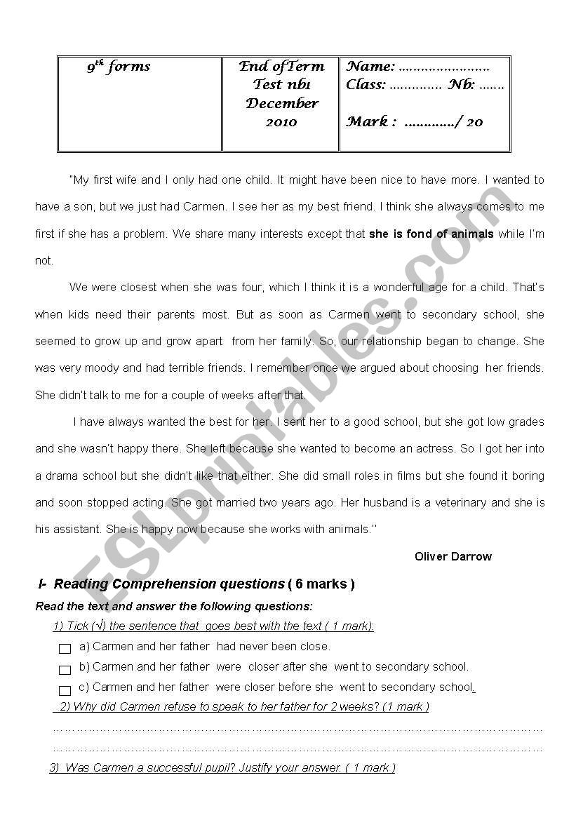 end of term test n1 9th form worksheet