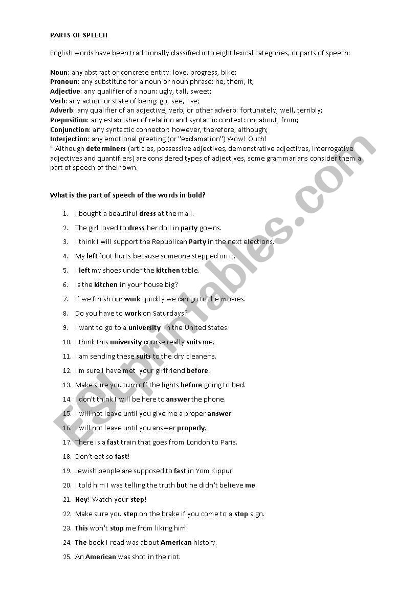 Parts of speech worksheet