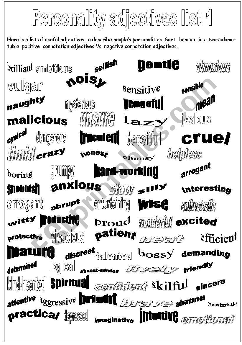 Personality adjectives, list 1