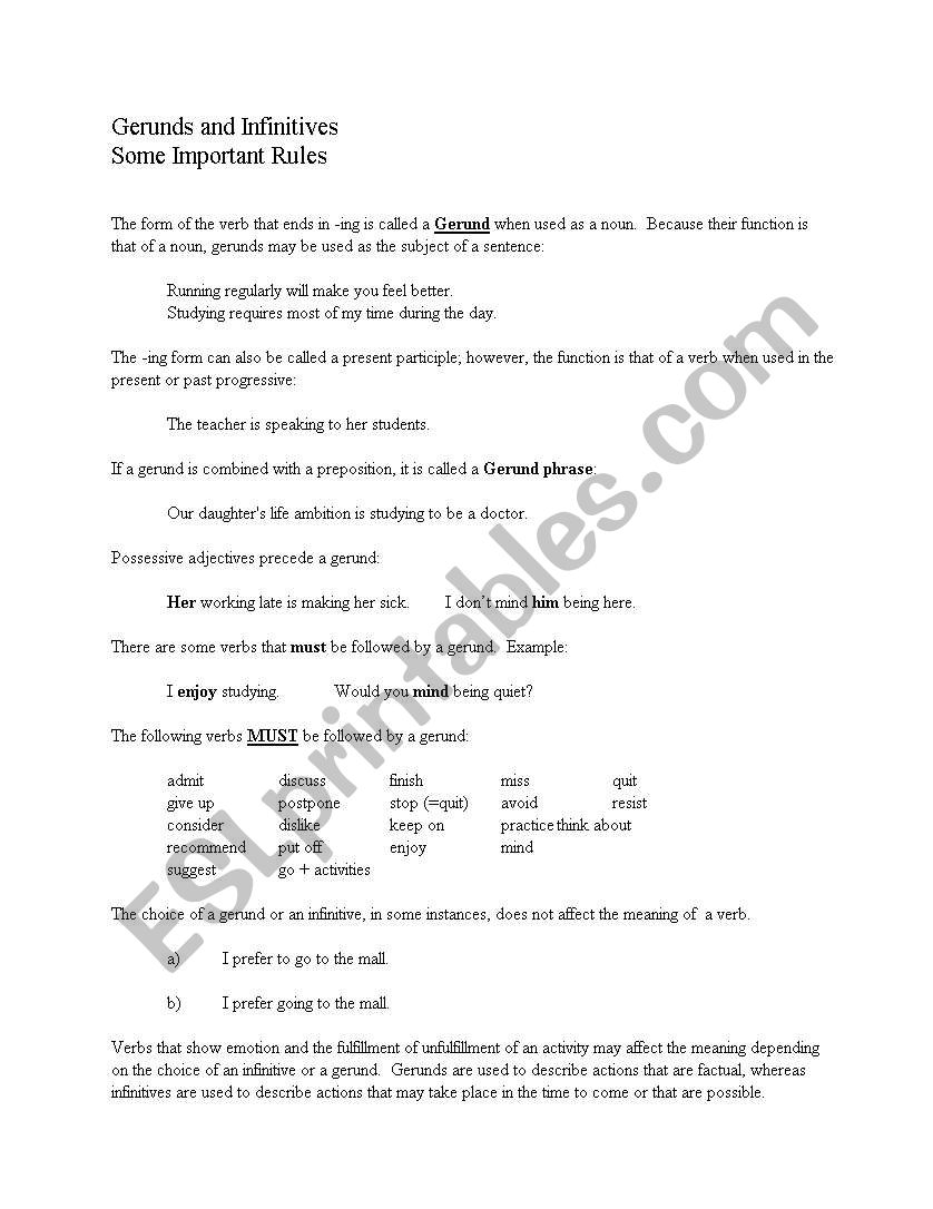 Gerund and Infinitive worksheet