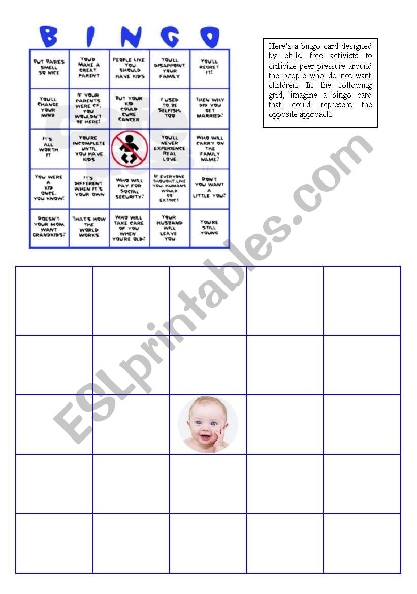 Child Free Bingo card worksheet