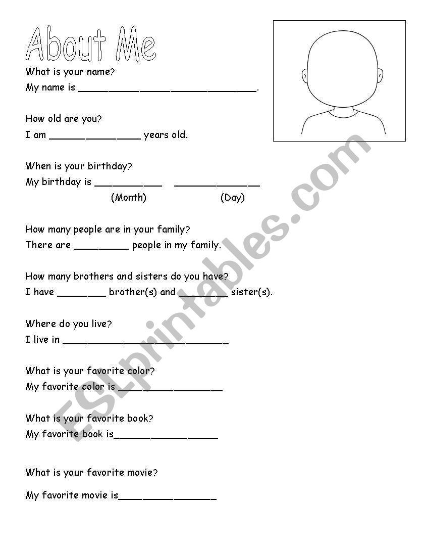 About Me worksheet