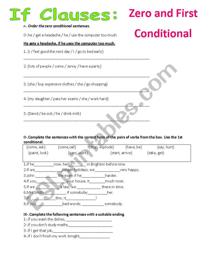 Zero and first conditional worksheet