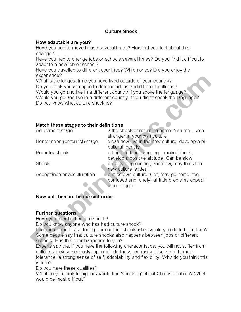 culture shock worksheet